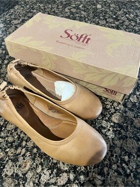 Söfft Tan Leather Elastic-Back Ballet Flats